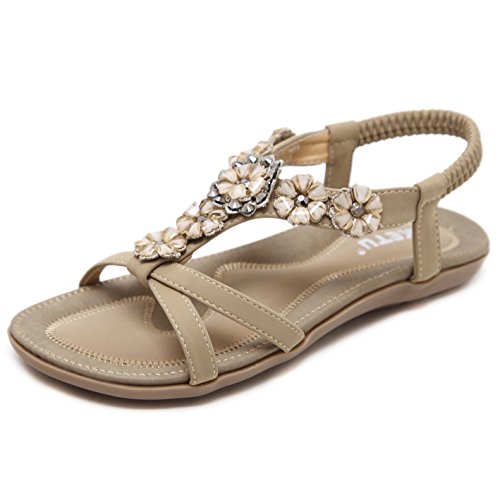 Sandalen Damen Sommer Strand Schuhe Flach Bohemia Zehentrenner Sandaletten mit Strass Blumen Größe 40 von Woky