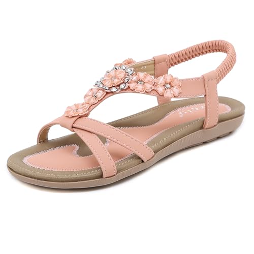 Sandalen Damen Sommer Strand Schuhe Flach Bohemia Zehentrenner Sandaletten mit Strass Blumen Größe 41 von Woky