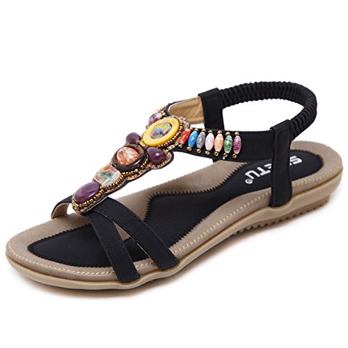 Woky Damen Bohemia Sandalen mit Strass Perlen Sommer Strand Schuhe Freizeit Flach Sandalette, 41 EU, Schwarz von Woky