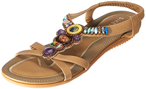 Woky Damen Bohemia Sandalen mit Strass Perlen Sommer Strand Schuhe Freizeit Flach Sandalette von Woky