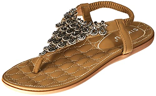 Sandalen Damen Sommer Flach Fashion Elegant Strand Sandaletten mit Glitzer Strass Frauen Boho Gummizug Zehentrenner Schuhe Beige Gr.37 von Woky