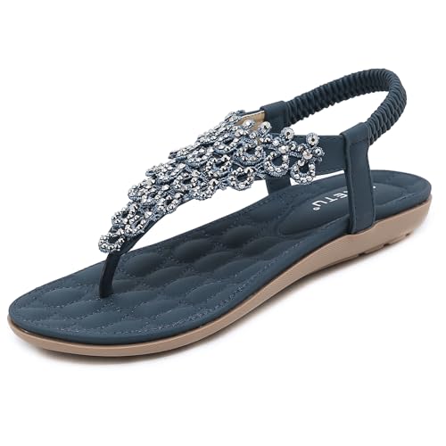 Sandalen Damen Sommer Flach Fashion Elegant Strand Sandaletten mit Glitzer Strass Frauen Boho Gummizug Zehentrenner Schuhe Blau Gr.41 von Woky