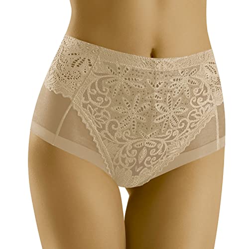Wolbar Dame Slip Spitze Netz Hoher Bund Klassisch Geblümt Unterwäsche WB437, Beige,L von Wolbar