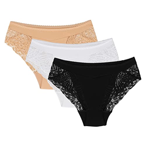 Wolbar Dame Slip 3-Er Pack Höher Bund Spitze Elegant WB408, Beige-Weiß-Schwarz,L von Wolbar