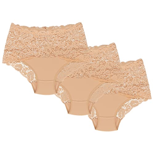 Wolbar Dame Slip 3Er Pack Bund Pantys Spitze Elegant Unterhose Unterwäsche WB414, Beige,XL von Wolbar