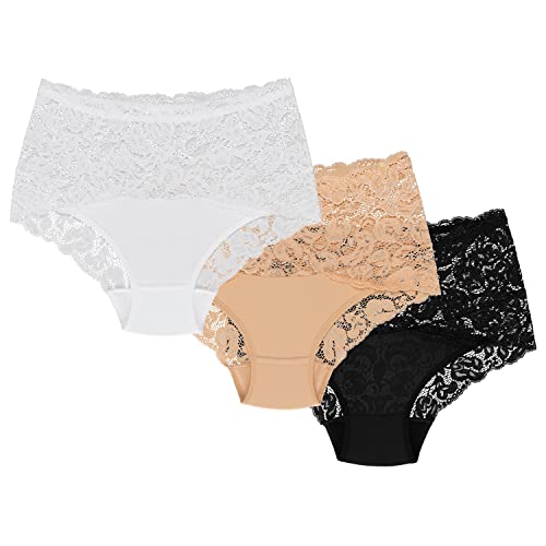 Wolbar Dame Slip 3Er Pack Bund Pantys Spitze Elegant Unterhose Unterwäsche WB414, Beige-Weiß-Schwarz,M von Wolbar