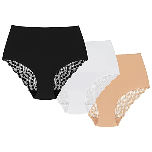 Wolbar Dame Slip 3Er Pack Figurformend Spitze Bund Musterlos WB321, Beige-Weiß-Schwarz,S von Wolbar