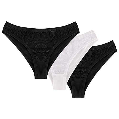 Wolbar Dame Slip 3Er Pack Spitze Schleife Bund Unterhose Komfortabel Unterwäsche WB166, Schwarz-Schwarz-Weiß,XL von Wolbar