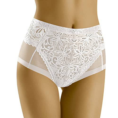 Wolbar Dame Slip Spitze Netz Hoher Bund Klassisch Geblümt Unterwäsche WB437, Weiß,XL von Wolbar