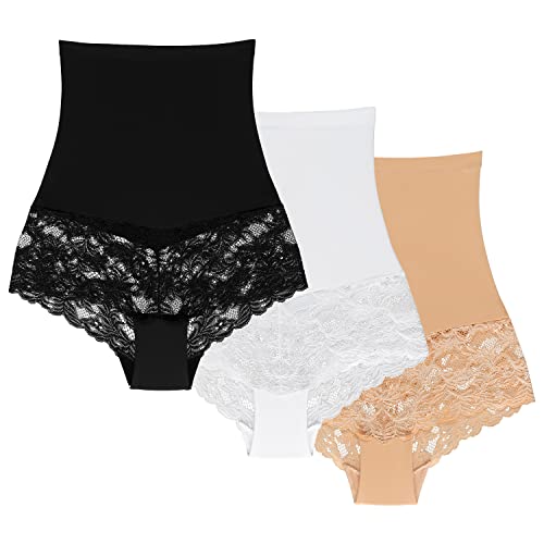 Wolbar Miederslip Damen Slips 3Er Pack Panties Höschen Hohe Taille Hipster Slip Figurformende Bauchkontrolle Shapewear Seamless, Beige-Weiß-Schwarz,M von Wolbar