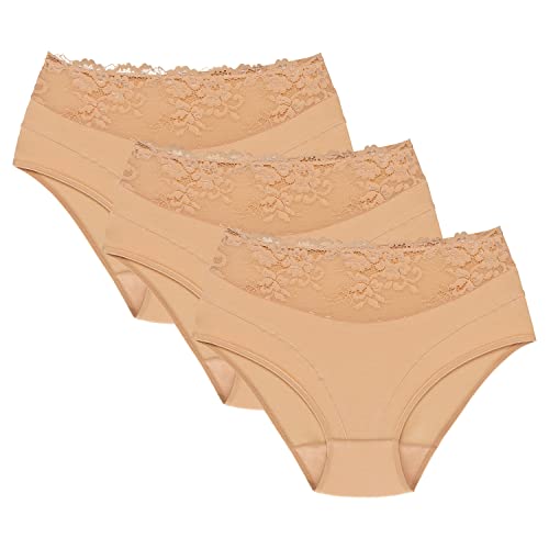 Wolbar Damen Slips 3-Er Pack Panties Höschen Hohe Taille Slips Hoher Taillenslip, Bauchkontrolle Spitzenhöschen Hohe Taille Unterhosen, Beige,XXL von Wolbar