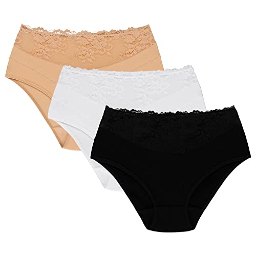 Wolbar Damen Slips 3-Er Pack Panties Höschen Hohe Taille Slips Hoher Taillenslip, Bauchkontrolle Spitzenhöschen Hohe Taille, Beige-Weiß-Schwarz,XXL von Wolbar