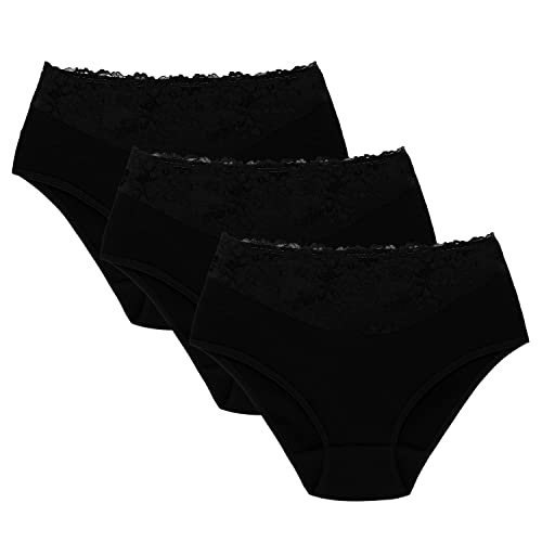 Wolbar Damen Slips 3-Er Pack Panties Höschen Hohe Taille Slips Hoher Taillenslip, Bauchkontrolle Spitzenhöschen Hohe Taille Unterhosen, Schwarz,L von Wolbar