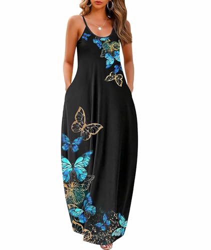 Wolddress Damen 2023 Casual Ärmellos Sommerkleid Plus Size Lose Einfarbig Lange Sommer Strand Maxi Kleid mit Taschen S-5X, Butterfly Schwarz, 5X-Groß von Wolddress