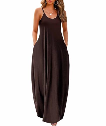 Wolddress Damen 2023 Casual Ärmellos Sommerkleid Plus Size Lose Einfarbig Lange Sommer Strand Maxi Kleid mit Taschen S-5X, Dunkelbraun, 5X-Groß von Wolddress