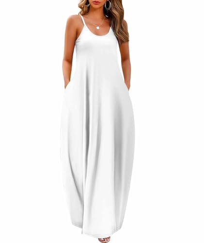Wolddress Damen 2023 Casual Ärmellos Sommerkleid Plus Size Lose Einfarbig Lange Sommer Strand Maxi Kleid mit Taschen S-5X, Weiss/opulenter Garten, 5X-Groß von Wolddress