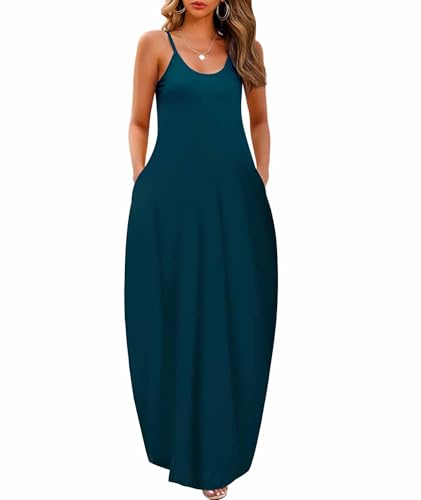Wolddress Damen 2023 Casual Ärmellos Sommerkleid Plus Size Lose Einfarbig Lange Sommer Strand Maxi Kleid mit Taschen S-5X, dunkelgrün, 5X-Groß von Wolddress