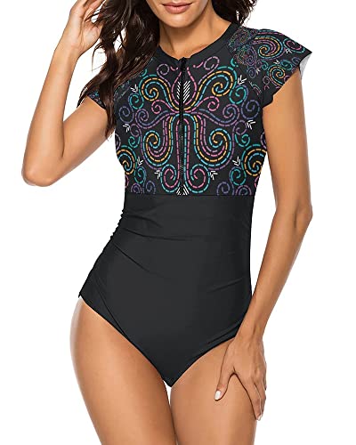 Wolddress Damen-Badeanzug mit Reißverschluss vorne, einteiliger Rashguard, Surfen, Sport, Bademode, Figur schwarz, Large von Wolddress