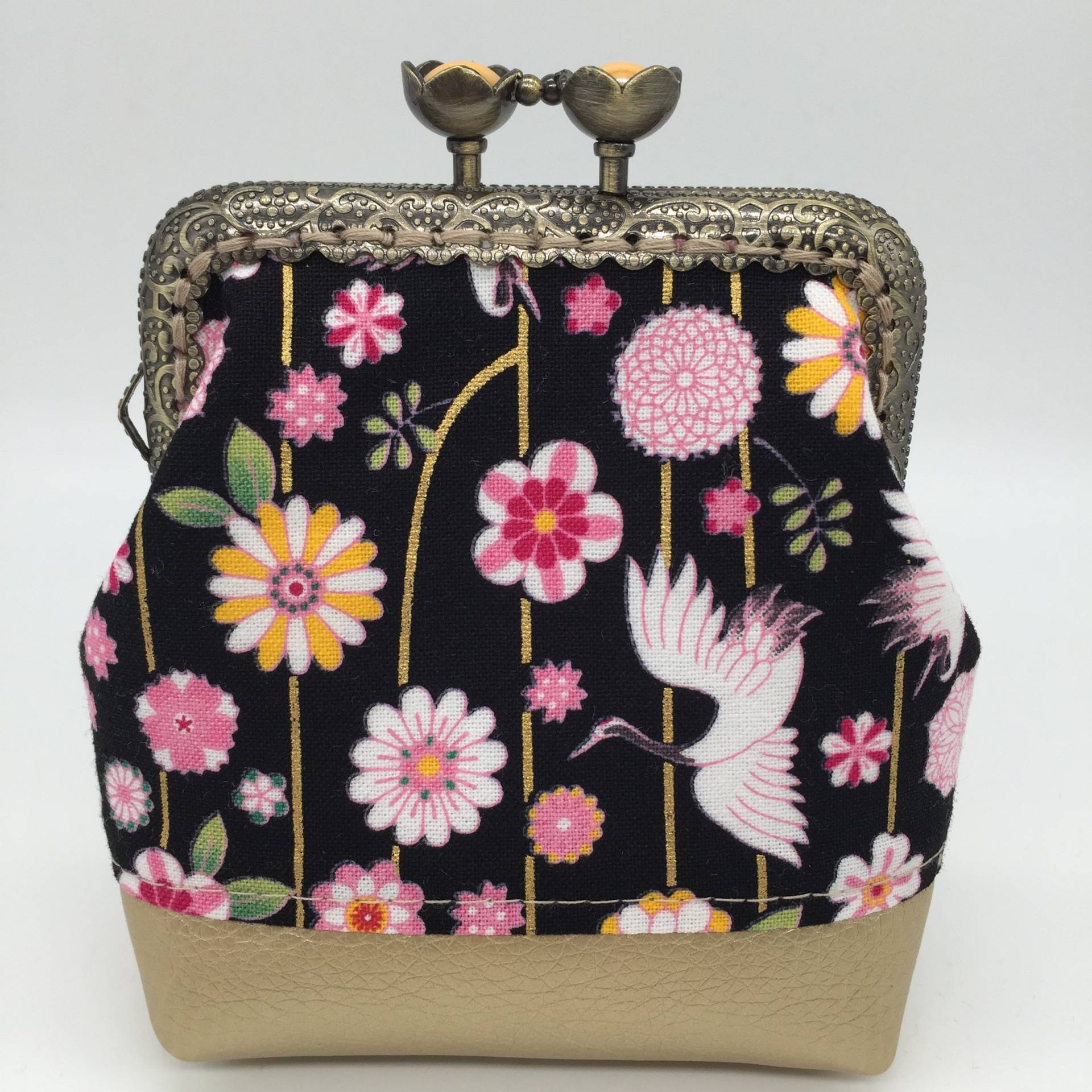 Clip Wallet Fabric Ladies Purse Pouch Coin Petrol Japanese Motif Cranes von WoleaHandmade