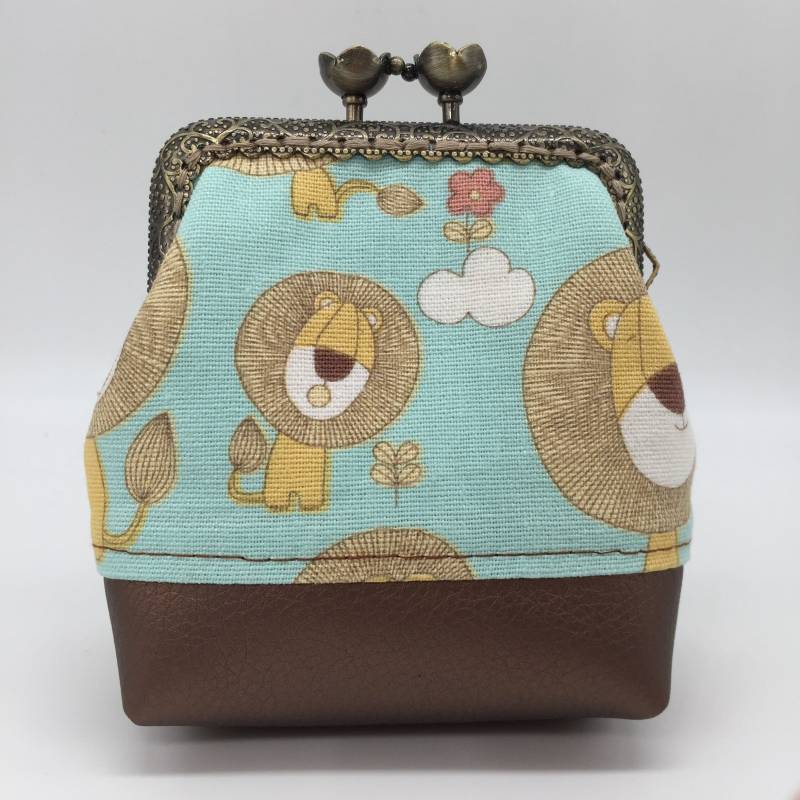 Geldbörse Damen Frauen Clipbörse Stoff Portemonnaie Täschchen Münzbörse Süße Tier Löwe Elefant von WoleaHandmade