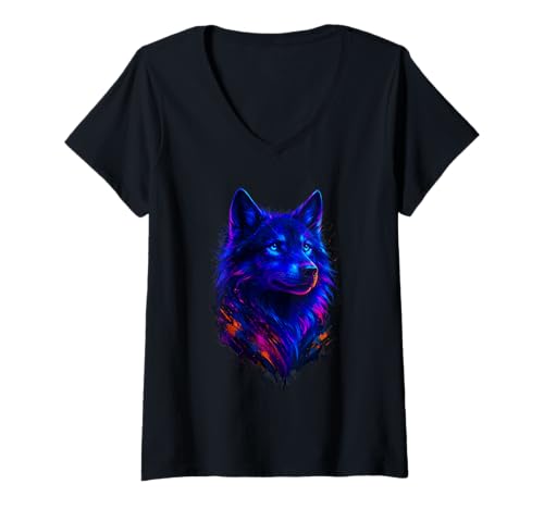 Damen Wolf Tierdruck Kunst Tierliebhaber Bunter Wolf T-Shirt mit V-Ausschnitt Damen Wolf Tierdruck Kunst Tierliebhaber Bunter Wolf T-Shirt mit V-Ausschnitt von Wolf Buntes Freiheitssymbol Design für Tierfreunde