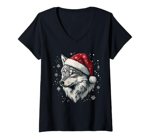 Damen Wolf Weihnachtsmannmütze, lustig, niedlich, Tierliebhaber, Weihnachten T-Shirt mit V-Ausschnitt Damen Wolf Weihnachtsmannmütze, lustig, niedlich, Tierliebhaber, Weihnachten T-Shirt mit V-Ausschnitt von Wolf - Christmas Apparel & Gifts