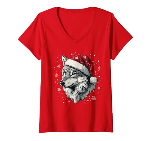 Damen Wolf Weihnachtsmannmütze, lustig, niedlich, Tierliebhaber, Weihnachten T-Shirt mit V-Ausschnitt Damen Wolf Weihnachtsmannmütze, lustig, niedlich, Tierliebhaber, Weihnachten T-Shirt mit V-Ausschnitt von Wolf - Christmas Apparel & Gifts