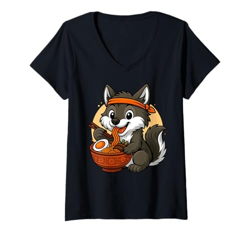 Damen Kawaii Wolf Eating Ramen Grafik Japanischer Wolf Grafik T-Shirt mit V-Ausschnitt Damen Kawaii Wolf Eating Ramen Grafik Japanischer Wolf Grafik T-Shirt mit V-Ausschnitt von Wolf Eating Ramen Funny Japanese Kawaii Design