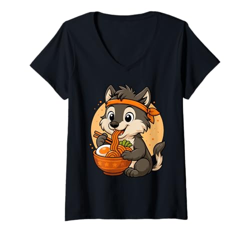 Damen Kawaii Wolf Eating Ramen Grafik Japanischer Wolf Grafik T-Shirt mit V-Ausschnitt Damen Kawaii Wolf Eating Ramen Grafik Japanischer Wolf Grafik T-Shirt mit V-Ausschnitt von Wolf Eating Ramen Funny Japanese Kawaii Design