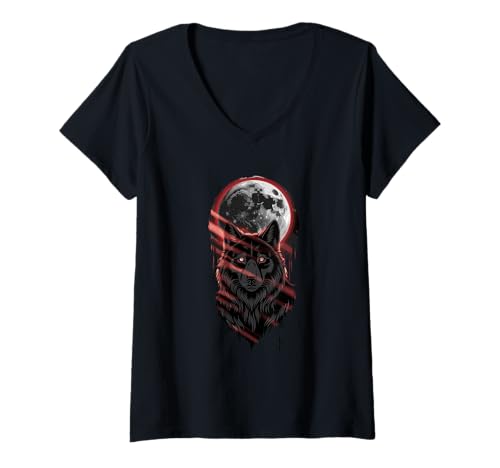 Damen Alpha Wolf Under Moon Red Eyes Night Howl T-Shirt mit V-Ausschnitt von Wolf Full Moon Moon Night Alpha