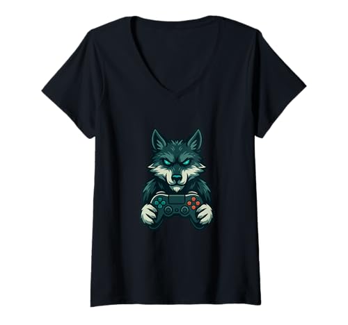 Damen Wolf Gamer Lustige Gaming-Controller-Humor-Grafik T-Shirt mit V-Ausschnitt Damen Wolf Gamer Lustige Gaming-Controller-Humor-Grafik T-Shirt mit V-Ausschnitt von Wolf Gamer Gaming Funny Humor Lifestyle Apparel