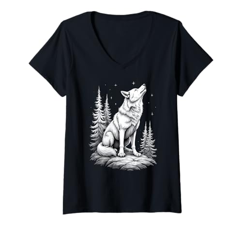 Damen Wolf Geschenk Wolf schwarz und weiß Bäume cooler Wolf Natur T-Shirt mit V-Ausschnitt Damen Wolf Geschenk Wolf schwarz und weiß Bäume cooler Wolf Natur T-Shirt mit V-Ausschnitt von Wolf Geschenke Cooles Wolf Outfit ByAxisio