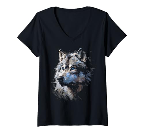 Damen Alpha Wolf Shirt, Fantasy-Kunstgrafik, Blaue Augen, Wolf-Liebhaber T-Shirt mit V-Ausschnitt Damen Alpha Wolf Shirt, Fantasy-Kunstgrafik, Blaue Augen, Wolf-Liebhaber T-Shirt mit V-Ausschnitt von Wolf Gifts Co.