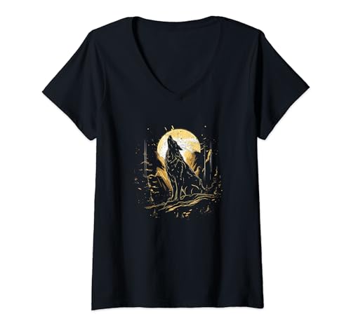 Wolf heult im Mond Nationalpark Wildlife Herren Wolf T-Shirt mit V-Ausschnitt von Wolf Howl - National Park Wildlife Apparel