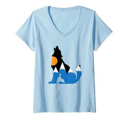 Damen Abenteuer-Silhouette der Wolfsberge T-Shirt mit V-Ausschnitt von Wolf Howling Mountains Nature Wilderness