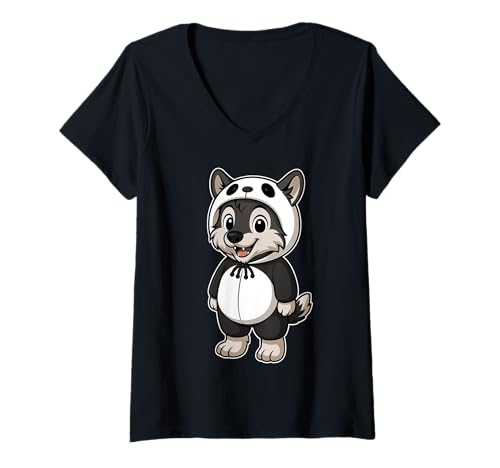 Damen Kawaii Wolf im Panda-Kostüm für Mädchen, Kinder, Wolfsliebhaber T-Shirt mit V-Ausschnitt Damen Kawaii Wolf im Panda-Kostüm für Mädchen, Kinder, Wolfsliebhaber T-Shirt mit V-Ausschnitt von Wolf In Panda Costume Kawaii Design