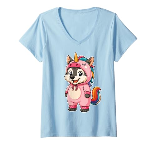 Damen Kawaii Wolf im Einhorn Kostüm für Mädchen Kinder Einhorn Liebhaber T-Shirt mit V-Ausschnitt Damen Kawaii Wolf im Einhorn Kostüm für Mädchen Kinder Einhorn Liebhaber T-Shirt mit V-Ausschnitt von Wolf In Unicorn Costume Kawaii Design