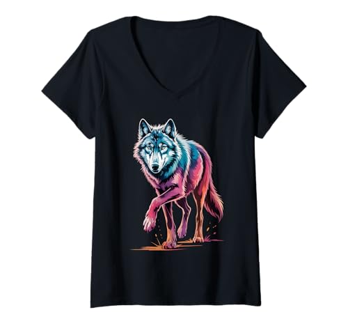 Damen Farbenfroher Wolf Poster Stil Farbspritzer Kunst Grafik Splash T-Shirt mit V-Ausschnitt Damen Farbenfroher Wolf Poster Stil Farbspritzer Kunst Grafik Splash T-Shirt mit V-Ausschnitt von Wolf Lover Apparel & Arts