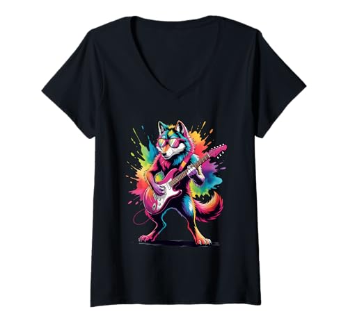 Damen Gitarre Wolf Poster Stil Bunte Farbspritzer Kunst Grafik T-Shirt mit V-Ausschnitt Damen Gitarre Wolf Poster Stil Bunte Farbspritzer Kunst Grafik T-Shirt mit V-Ausschnitt von Wolf Lover Apparel & Arts