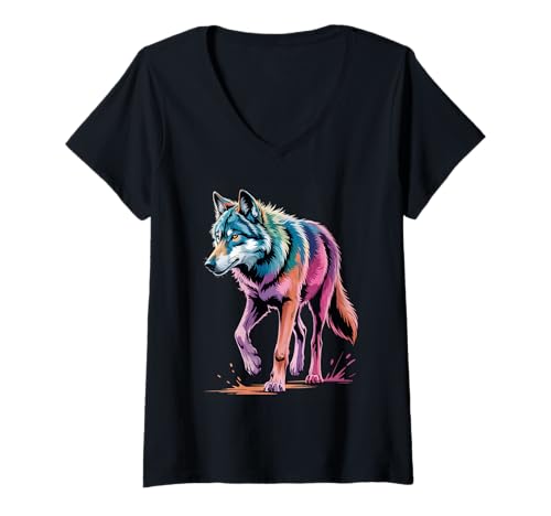 Damen Wolf Farbspritzer Poster Stil Bunte Kunst Grafik Splash T-Shirt mit V-Ausschnitt Damen Wolf Farbspritzer Poster Stil Bunte Kunst Grafik Splash T-Shirt mit V-Ausschnitt von Wolf Lover Apparel & Arts