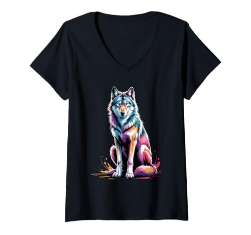 Damen Wolf Poster Stil Bunte Farbspritzer Kunst Grafik Splash T-Shirt mit V-Ausschnitt Damen Wolf Poster Stil Bunte Farbspritzer Kunst Grafik Splash T-Shirt mit V-Ausschnitt von Wolf Lover Apparel & Arts