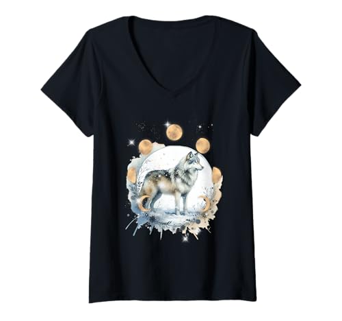 Damen Mond Natur Winter Schnee Wolf Wölfe Mondphasen T-Shirt mit V-Ausschnitt von Wolf Märchen Märchenfigur