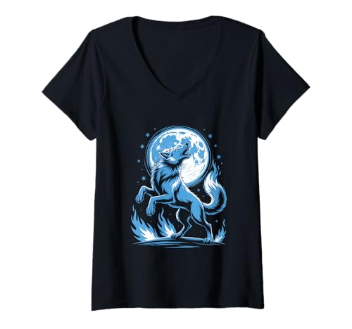 Damen Wolf Heult Zum Mond In Der Nacht T-Shirt mit V-Ausschnitt von Wolf Mond Nacht Natur Tiere Wildnis Freiheit