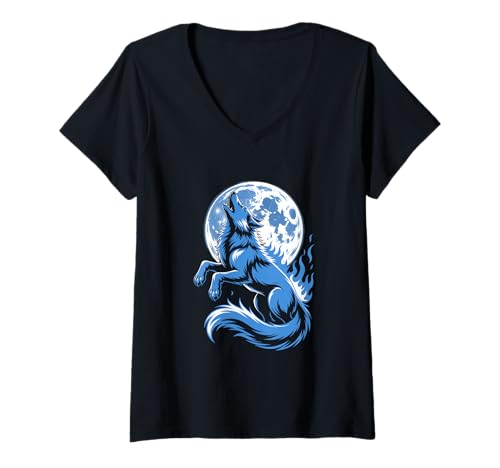 Damen Mondwolf Heulen Magie T-Shirt mit V-Ausschnitt Damen Mondwolf Heulen Magie T-Shirt mit V-Ausschnitt von Wolf Mondmagie Nacht Natur