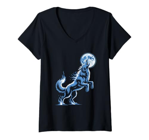 Damen Wolf Heult Zum Mond Mystische Nacht T-Shirt mit V-Ausschnitt Damen Wolf Heult Zum Mond Mystische Nacht T-Shirt mit V-Ausschnitt von Wolf Nacht Mond Tier Mystik Blau