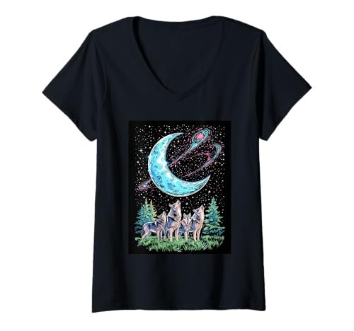 Damen Wolves Cosmic Call Wilderness Night Howl Mondwald T-Shirt mit V-Ausschnitt Damen Wolves Cosmic Call Wilderness Night Howl Mondwald T-Shirt mit V-Ausschnitt von Wolf Pack Moon Stars Howling Habitat Sky