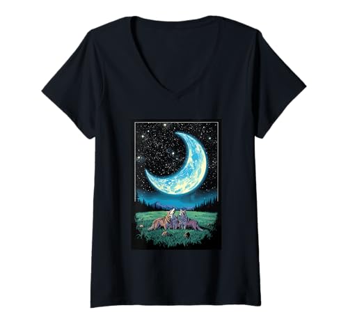 Damen Moonlight Wolves Forest Howling Guardians Stargazer T-Shirt mit V-Ausschnitt Damen Moonlight Wolves Forest Howling Guardians Stargazer T-Shirt mit V-Ausschnitt von Wolf Pack Night Moon Howl Stars Wilderness