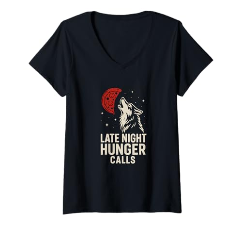 Damen Wolf Pizza Moon Late Night Hunger Grafik T-Shirt mit V-Ausschnitt von Wolf Pizza Night Cravings Humor Apparel
