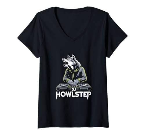 Damen DJ Howlstep Wolf DJ Pult EDM Rave Festival Nacht T-Shirt mit V-Ausschnitt Damen DJ Howlstep Wolf DJ Pult EDM Rave Festival Nacht T-Shirt mit V-Ausschnitt von Wolf Rave Techno Dubstep Club Nacht Musik