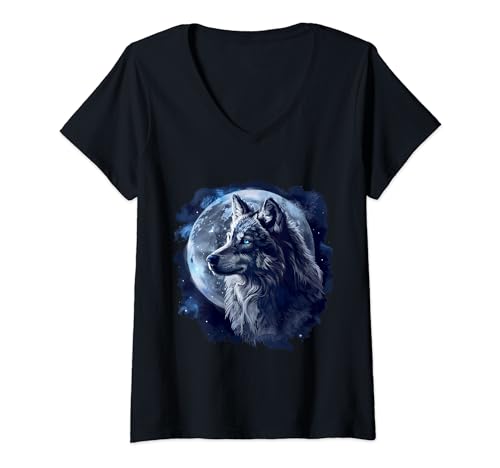 Damen Wolf T-Shirt Wolfs Motiv in bunten Farben Geschenke Wolf T-Shirt mit V-Ausschnitt von Wolf Shop IBK